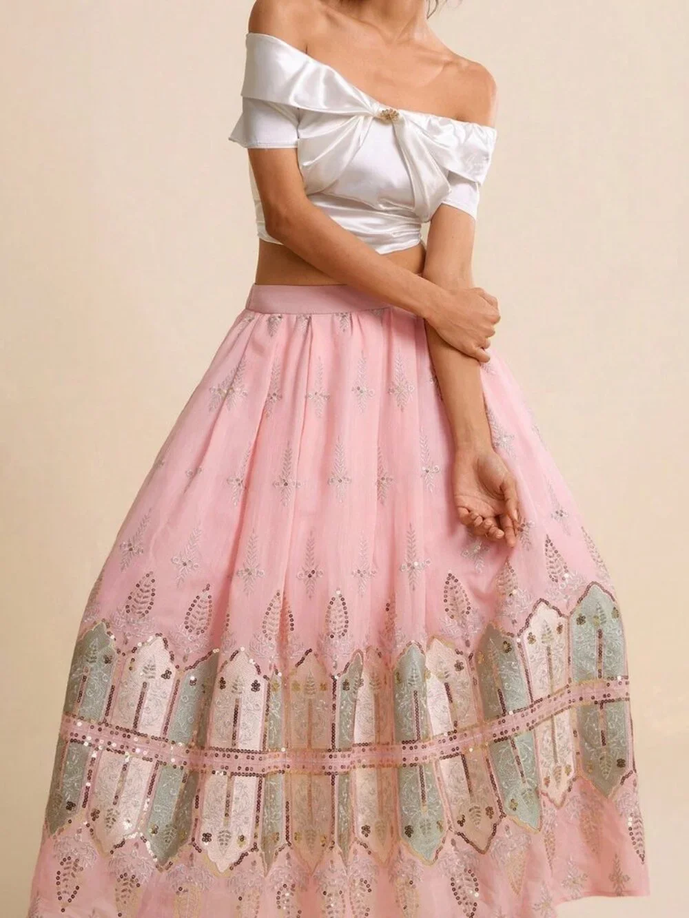 Pink Elegant Women's Chiffon Maxi Skirt With Bead And Thread Embroidery - Picture 4 of 6
